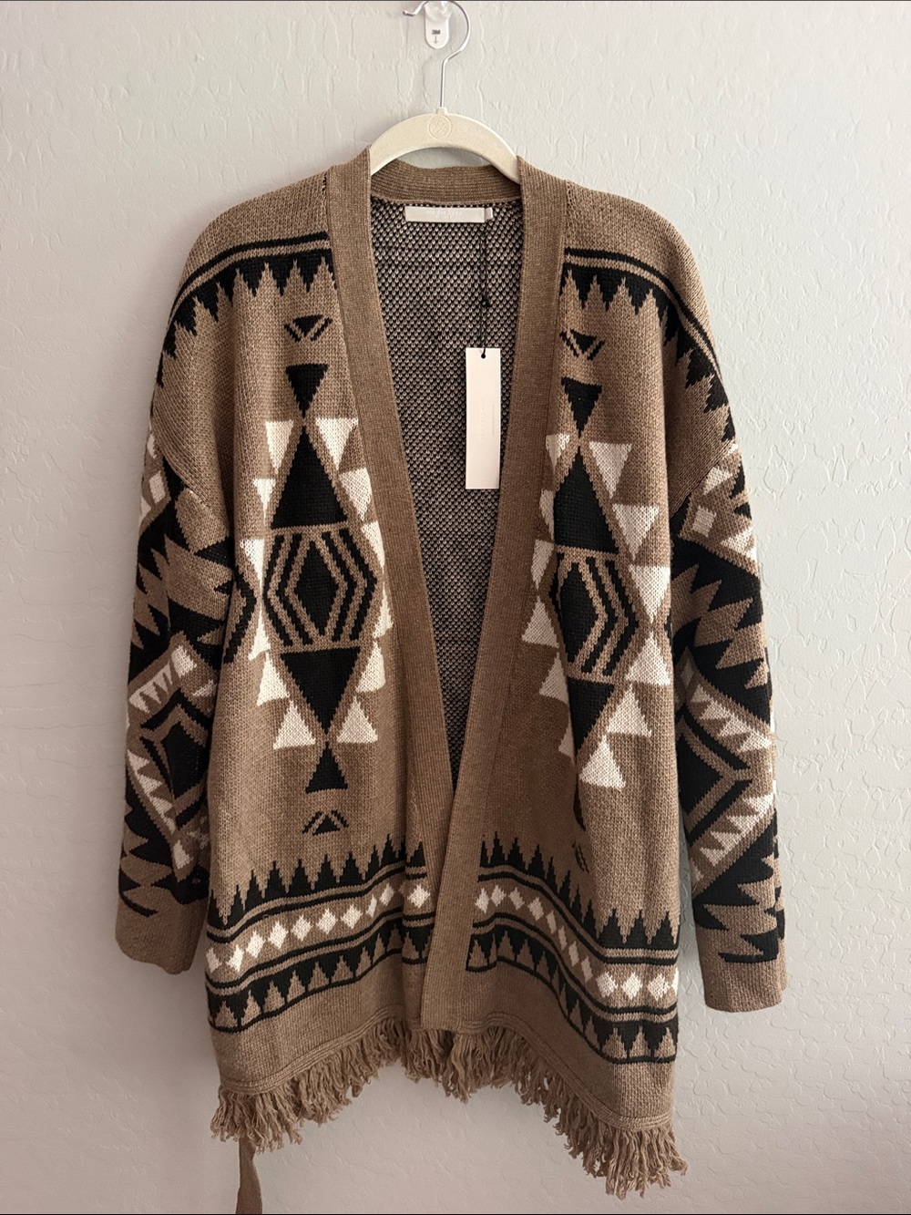 One Grey Day Aztec Fringe Open-Front Cardigan Sweater in Brown L